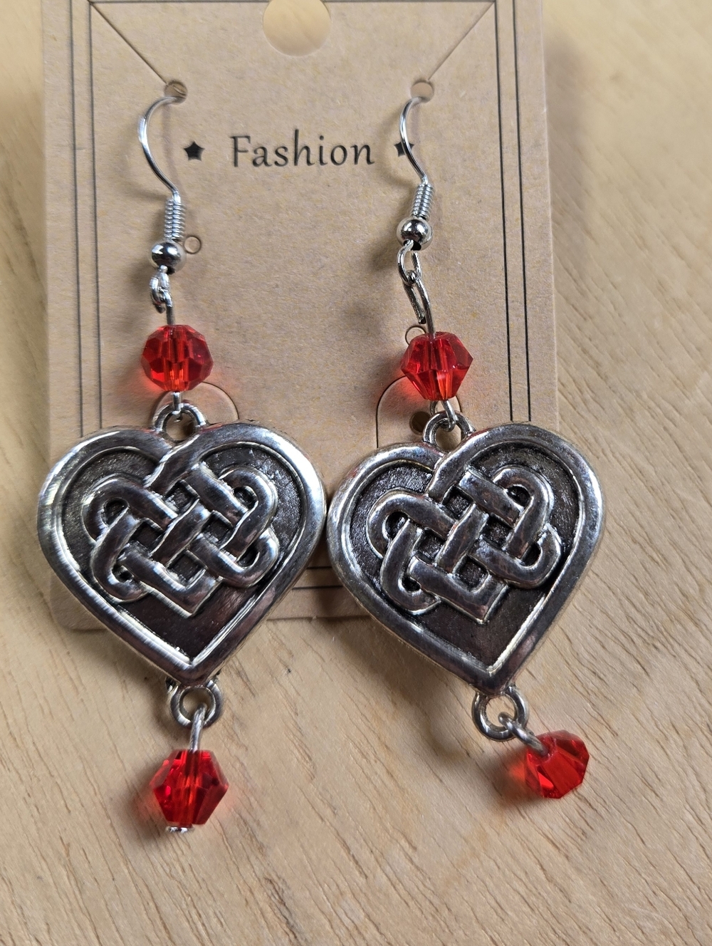 Handmade Celtic Heart With Red Beads Dangle Earrings